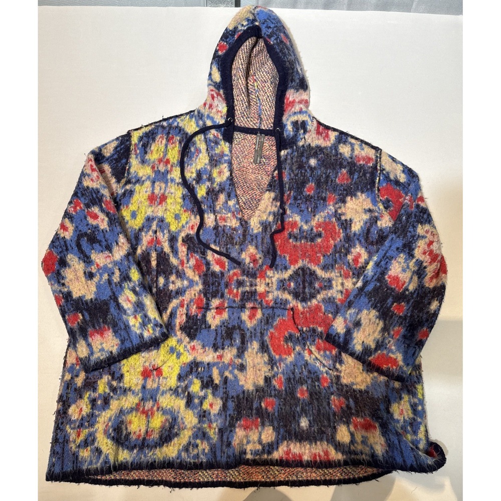 Anthropologie Fuzzy Hooded Sweater Women Blue Multicolor Boho Sz L/XL